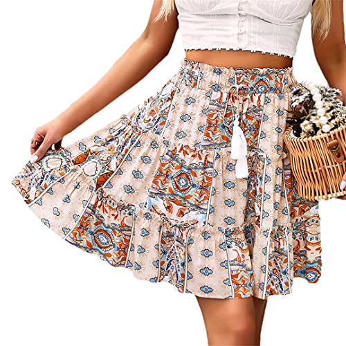 Dninmim Damen Fransen Elastische Taille Strandrock Bohemian Floral Print Hippie Casual Mini Rock, wie pic2, 48 von Dninmim
