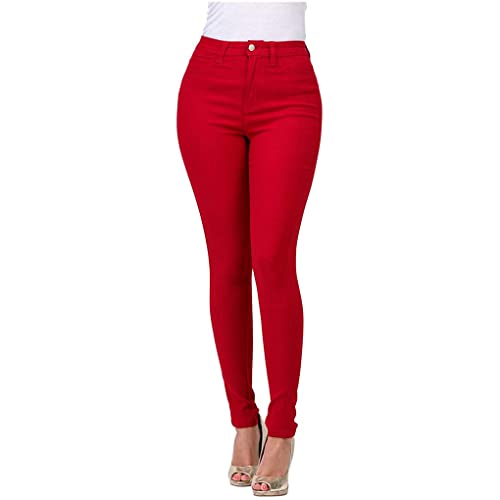 Dninmim Damen Hohe Taille Elastische Slim Bleistifthose Frühling Herbst Skinny Casual Jeans, rot, M von Dninmim
