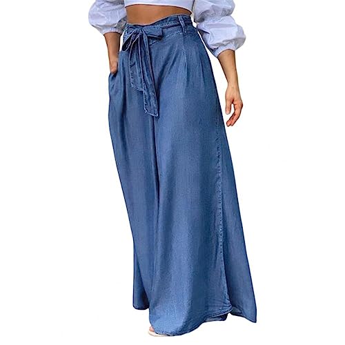 Dninmim Damen Hose Sommer Tie-Länge Hakama Flowy Hose mit Schleife, hellblau, 3XL von Dninmim