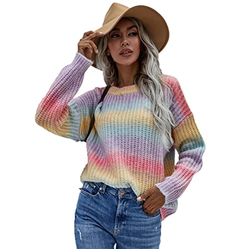 Dninmim Damen Regenbogen Strick Pullover Oversized Pullover Pullover Herbst und Winter Lange Oberteile Gestreifte Lose, regenbogenfarben, L von Dninmim