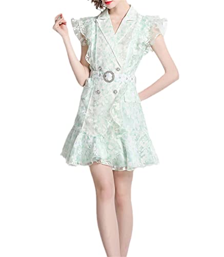 Dninmim Damen Revers Bedruckt Zweireihig Rüschen Kleid Sommer Unregelmäßige Organza Minikleid, Bildfarbe, XX-Large von Dninmim