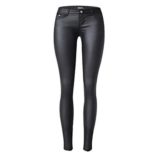 Dninmim Damen Skinny Low Waist Slim PU Leder Hose Frühling Herbst Sexy Schwarz Kunstleder Hose, Schwarz , L von Dninmim