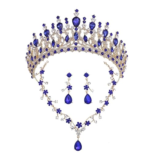 Dninmim Damen Strass Strass Tiara Krone Hochzeit Halskette Ohrringe Brautschmuck Sets Zubehör Gold Blau von Dninmim