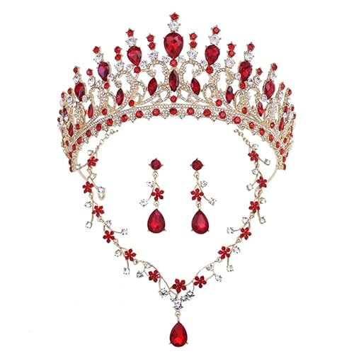 Dninmim Damen Strass Strass Tiara Krone Hochzeit Halskette Ohrringe Brautschmuck Sets Zubehör Gold Rot von Dninmim