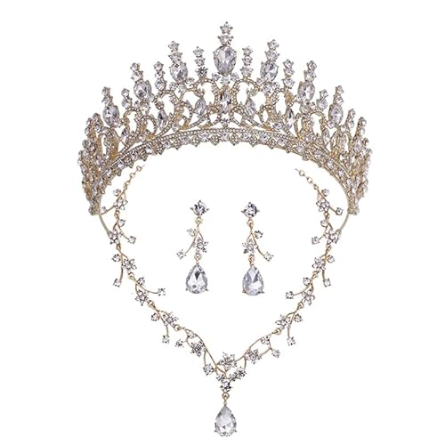 Dninmim Damen Strass Strass Tiara Krone Hochzeit Halskette Ohrringe Brautschmuck Sets Zubehör Gold Weiß von Dninmim