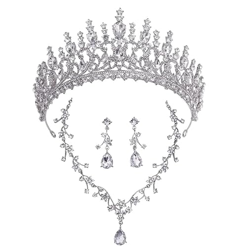 Dninmim Damen Strass Strass Tiara Krone Hochzeit Halskette Ohrringe Brautschmuck Sets Zubehör Silber Weiß von Dninmim