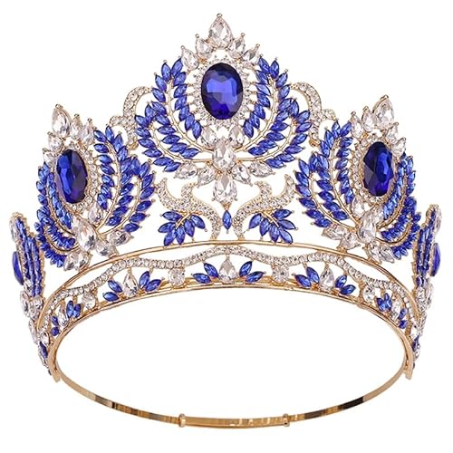 Dninmim Damen Strass Strass Tiaras für Braut Hochzeit Kopfschmuck Große Krone Braut Kopfbedeckung Gold Blau von Dninmim