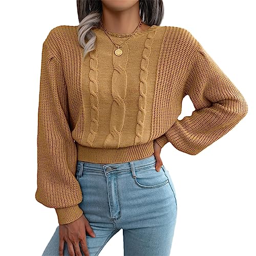 Dninmim Damen Strickpullover Winter Casual Ballonärmel Nipped Waist Pullover Top, khaki, L von Dninmim