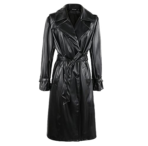 Dninmim Damen-Trenchcoat Aus Pu-Leder, Einfarbig, Zweireihig, Windjacke Mit Schärpen Black XL von Dninmim