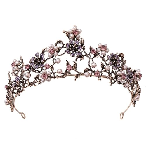 Dninmim Damen Vintage Strass Blume Perlen Braut Krone Tiaras Hochzeit Haarschmuck Lila von Dninmim