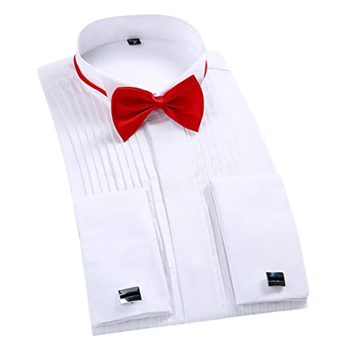 Dninmim Herren Smoking Hemd Langarm Manschette Knopf Hochzeit Kleid Hemden Flügelspitze Falten mit Fliege Hemd, weiß, M von Dninmim