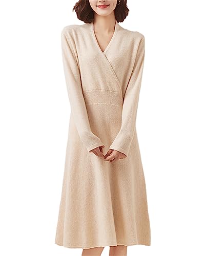 Dninmim Klassisches Damen-Midikleid Mit V-Ausschnitt Und Einfarbigem Strick, Lady Cashmere-Pulloverkleid Mit Unterer Taille Creamy-White S von Dninmim