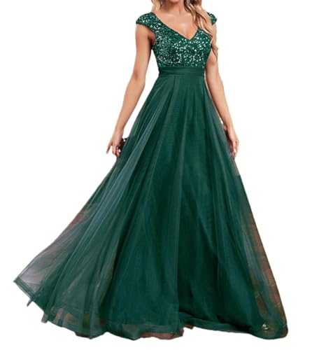 Dninmim V-Ausschnitt Chiffon Blau Abendkleid Lange Pailletten Ärmellos Party Galadress Abschlussball Cocktailkleider, En8, XX-Large von Dninmim