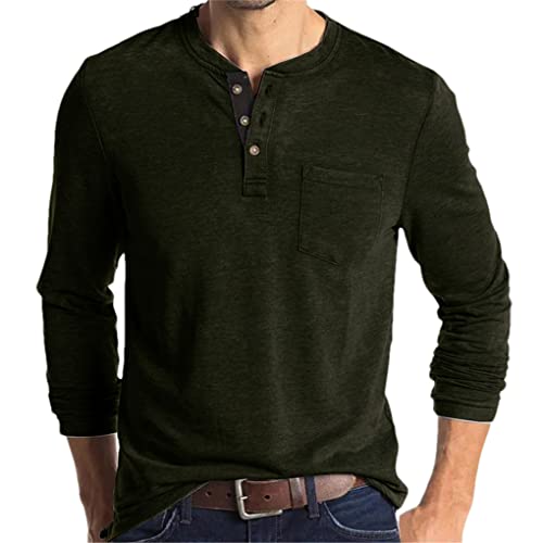 Henley Shirts für Herren Knöpfe Tasche Langarm T-Shirts Frühling Herbst Einfarbig Basic T Shirt, Army EN8, L von Dninmim