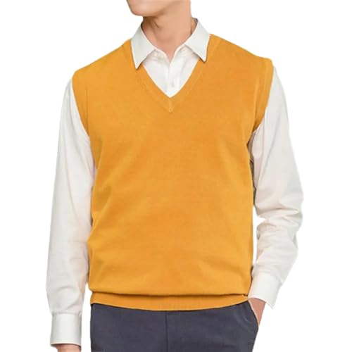 Herren Ärmellos Lose Warm Sweater Weste Solid V-Ausschnitt Pullover Strickweste Weste, gelb, L von Dninmim