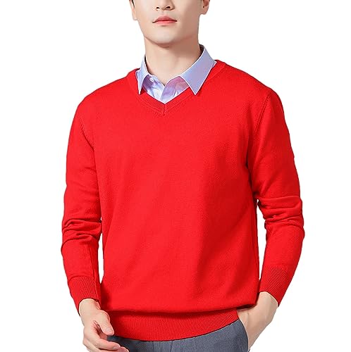 Herren Solid Langarm Pullover V Kragen Wolle Strickpullover Pullover Tops, rot, L von Dninmim