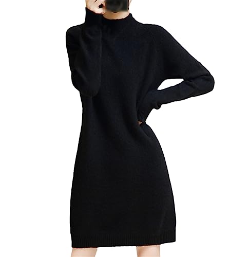Lady Medium Long Loose Cashmere Strickpullover Kleid Damen Halbhoher Kragen Strickrock Black L von Dninmim