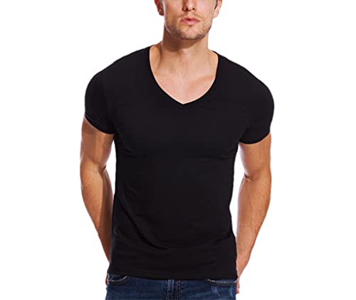 T-Shirt mit tiefem V-Ausschnitt für Herren, Stretch, Vee Top, T-Shirts, kurzärmelig, Herren-T-Shirt, Unterhemd, Sommer, Schwarz , XL von Dninmim