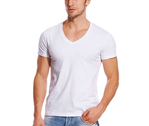 Tiefer V-Ausschnitt T-Shirt für Herren Stretch Vee Top Tees Kurzarm Herren T-Shirt Unterhemd Sommer, weiß, L von Dninmim