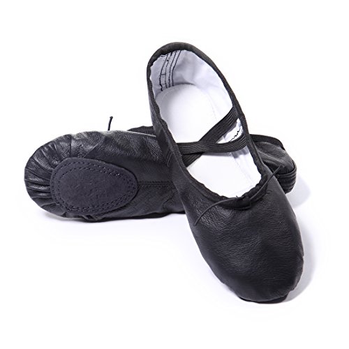 DoGeek Ballettschuhe Leder Gute Qualität Balletschläppchen Weich Ballet Trainings Schläppchen Schuhe mit Gummibänder, Eine Nummer Größer Empfohlen,Schwarz,32EU von DoGeek