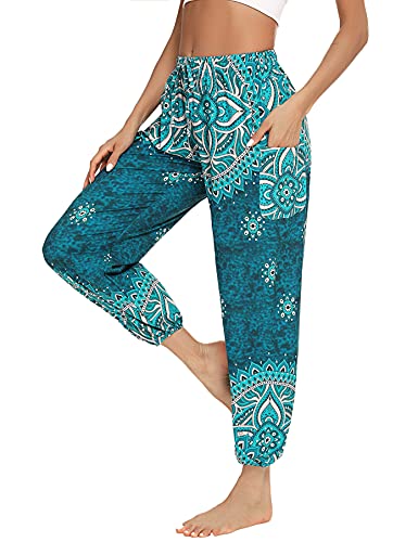 Doaraha Damen Hippie Hose Haremshose Boho Gemustert, Pumphose mit Taschen,Lose Freizeithose Yogahose Bunt Indischer Stil, Yoga Pilates Hosen (Blume-Blau, L) von Doaraha