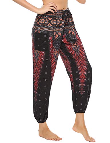 Doaraha Damen Hippie Hose Haremshose Boho Gemustert, Pumphose mit Taschen,Lose Freizeithose Yogahose Bunt Indischer Stil, Yoga Pilates Hosen (Elefant Schwarz, L) von Doaraha