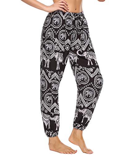 Doaraha Damen Hippie Hose Haremshose Boho Gemustert, Pumphose mit Taschen,Lose Freizeithose Yogahose Bunt Indischer Stil, Yoga Pilates Hosen (Elefant Schwarz, M) von Doaraha