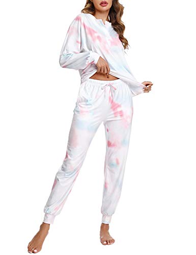 Doaraha Damen Schlafanzug Lang Farbstoff Binden Pyjama Set Zweiteilige Nachtwäsche Langarm, Sleepwear Hausanzug von Doaraha