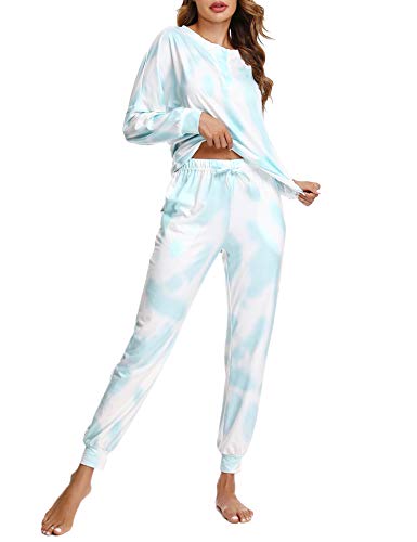 Doaraha Damen Schlafanzug Lang Farbstoff Binden Pyjama Set Zweiteilige Nachtwäsche Langarm, Sleepwear Hausanzug von Doaraha