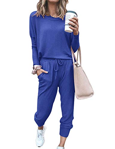 Doaraha Damen Sportanzüge Schlafanzug Trainingsanzug Jogginganzug Freizeitanzug Hausanzüge Frauen Zweiteiliger Sportanzüge Sport Pullover + Hose für Freizeit, Blau, M von Doaraha