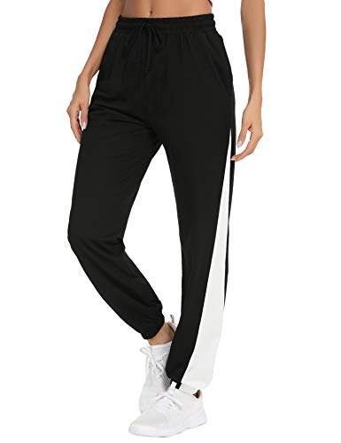 Doaraha Jogginghose Damen Lang Baumwolle High Waist Trainingshose, Freizeithose Sweathose mit 4 Taschen Bündchen und Elastischen Kordelzug Slim Fit Sweatpants Streifen Schwarz von Doaraha