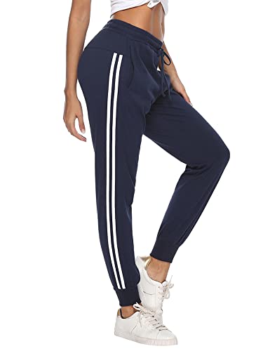 Doaraha Jogginghose Damen Lang Baumwolle Trainingshose High Waist Freizeithose Streifen Sweathose mit Taschen, Elastischen Kordelzug Sweatpants Frauen (Mit Bünchen-Dunkelblau, L) von Doaraha