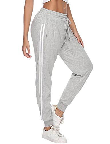 Doaraha Jogginghose Damen Lang Baumwolle Trainingshose High Waist Freizeithose Streifen Sweathose mit Taschen, Elastischen Kordelzug Sweatpants Frauen (Mit Bünchen-Hellgrau, XXL) von Doaraha