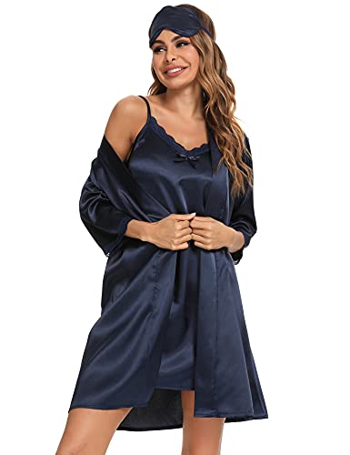 Doaraha Morgenmantel Damen Leicht Satin mit Schlafmaske Nachthemd Sexy Zweiteilig mit Spitze Kimono Robe Kurz (Dunkelblau, L) von Doaraha