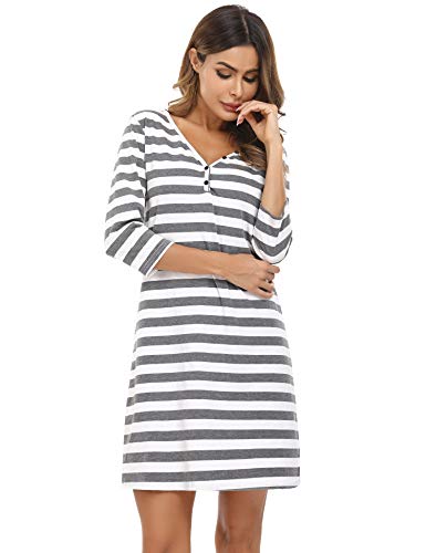 Doaraha Nachthemd Damen Baumwolle 3/4 Arm Schlafshirt Gestreift Nachtkleid Kurz Sleepshirt V-Ausschnitt Geknöpft (Dunkelgrau, L) von Doaraha