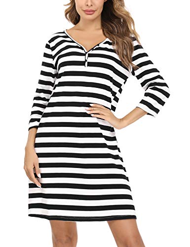 Doaraha Nachthemd Damen Baumwolle 3/4 Arm Schlafshirt Gestreift Nachtkleid Kurz Sleepshirt V-Ausschnitt Geknöpft (Schwarz, L) von Doaraha