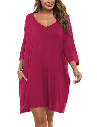 Doaraha Nachthemd Damen Baumwolle Sexy Nachtkleid Kurz V-Ausschnitt 3/4 Arm, Sleepshirt Schlafhemd Nachtwäsche Locker für Frauen Große Größen von Doaraha