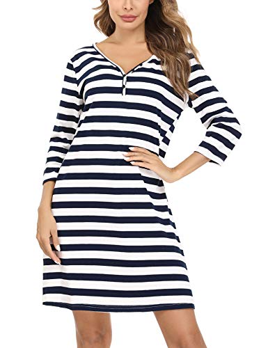 Doaraha Nachthemd Damen Kurz Schlafshirt Baumwolle 3/4 Arm Streifen Nachtkleid V-Ausschnitt Sexy Sleepshirt Gestreift (Dunkelblau, M) von Doaraha