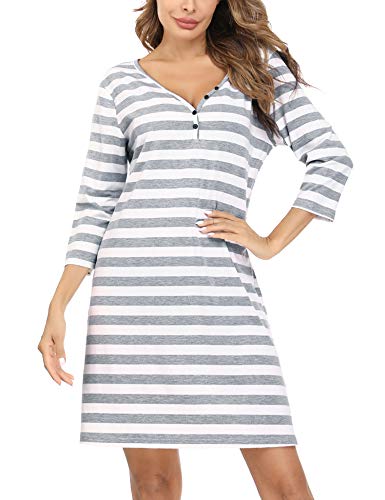 Doaraha Nachthemd Damen Kurz Schlafshirt Baumwolle 3/4 Arm Streifen Nachtkleid V-Ausschnitt Sexy Sleepshirt Gestreift (Grau, M) von Doaraha