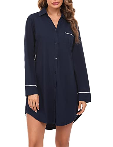 Doaraha Nachthemd Damen Langarm Knopfleiste Durchgehend, Schlafshirt mit Kragen Sexy Boyfriend Sleepshirt Kurz (Dunkelblau, M) von Doaraha