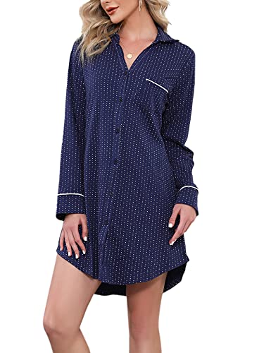 Doaraha Nachthemd Damen Langarm Knopfleiste Durchgehend, Schlafshirt mit Kragen Sexy Boyfriend Sleepshirt Kurz (Dunkelblau mit Pünktchen, M) von Doaraha