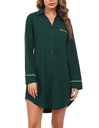 Doaraha Nachthemd Damen Langarm Knopfleiste Durchgehend, Schlafshirt mit Kragen Sexy Boyfriend Sleepshirt Kurz (Dunkelgrün, M) von Doaraha