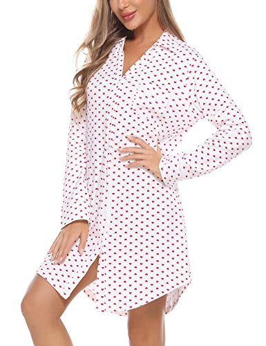 Doaraha Nachthemd Damen Langarm Knopfleiste Durchgehend, Schlafshirt mit Kragen Sexy Boyfriend Sleepshirt Kurz (Weiß mit Herzen, M) von Doaraha