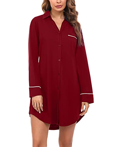 Doaraha Nachthemd Damen Langarm Knopfleiste Durchgehend, Schlafshirt mit Kragen Sexy Boyfriend Sleepshirt Kurz (Winerot, M) von Doaraha