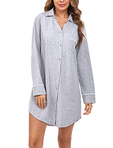 Doaraha Nachthemd Damen Langarm mit Knopfleiste, Schlafshirt mit Knöpfen Boyfriend Sleepshirt Kurz (Grau, L) von Doaraha