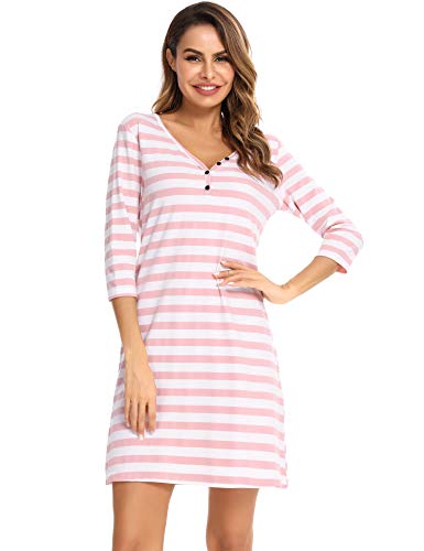 Doaraha Nachthemd Damen Sexy Schlafshirt Kurz Baumwolle Gestreift Nachtkleid 3/4 Arm Sleepshirt mit Streifen (Pink, XL) von Doaraha