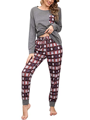 Doaraha Schlafanzug Damen Lang Pyjama Set aus Baumwolle Zweiteiliger Nachtwäsche Langarm Rundhals Sleepshirt und Karierte Pyjamahose Damen Schlafanzüg für Herbst Winter von Doaraha