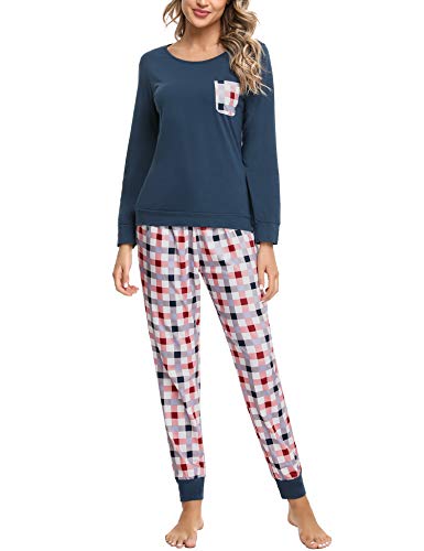 Doaraha Schlafanzug Damen Lang Pyjama Set aus Baumwolle Zweiteiliger Nachtwäsche Langarm Rundhals Sleepshirt und Karierte Pyjamahose Damen Schlafanzüg für Herbst Winter von Doaraha