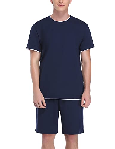 Doaraha Schlafanzug Herren Kurz Set Pyjama 100% Baumwolle Zweiteilige Nachtwäsche Einfarbig Sommer Sleepwear Hausanzug für Männer (4-Einfarbig-Dunkelblau, M) von Doaraha