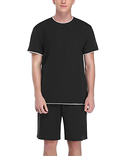 Doaraha Schlafanzug Herren Kurz Set Pyjama 100% Baumwolle Zweiteilige Nachtwäsche Einfarbig Sommer Sleepwear Hausanzug für Männer (4-Einfarbig-Schwarz, S) von Doaraha